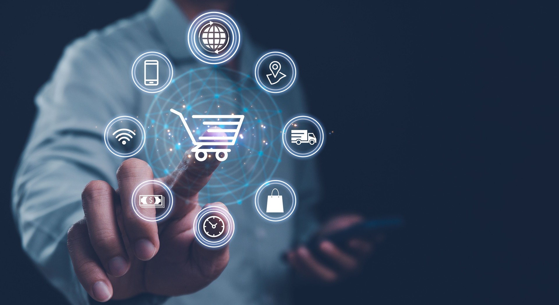A businessman touch e-commerce and online shopping symbols, signifying the digital transformation of business through technology. Ideal for themes of online marketing, and digital economy.
