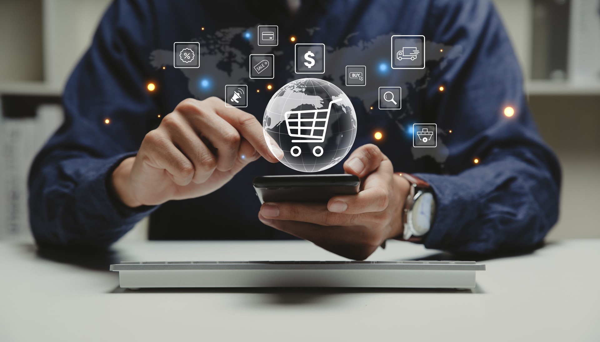 Hand of young business using smart phone with shopping cart icon.